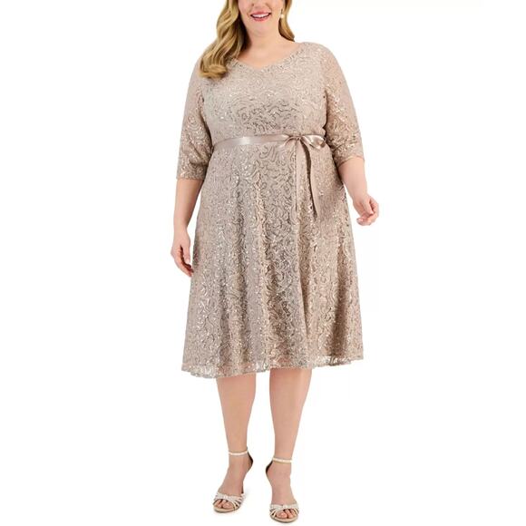 Alex Evenings Sequined Lace Cocktail Dress Size 24W Taupe Belted Fit and Flare - Picture 9 of 11